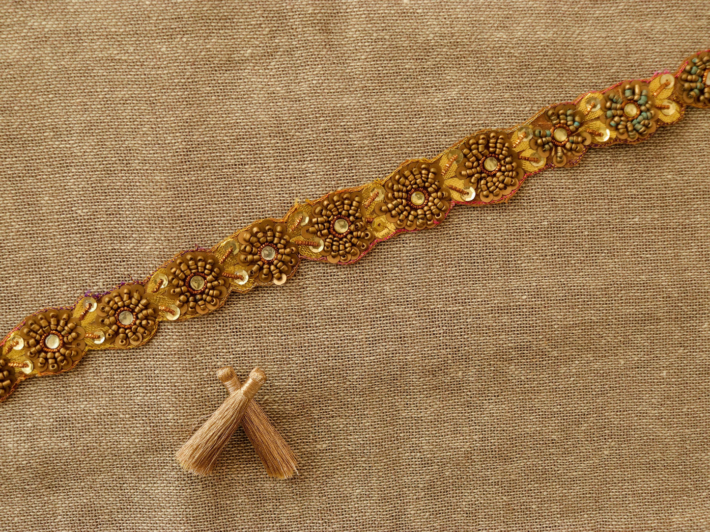 Vintage Gold Indian Embroidered Trim,Handmade Sequin Floral Border,Old Gold Lace,Bridal Saree Border,Designer Trim,Price/mtr