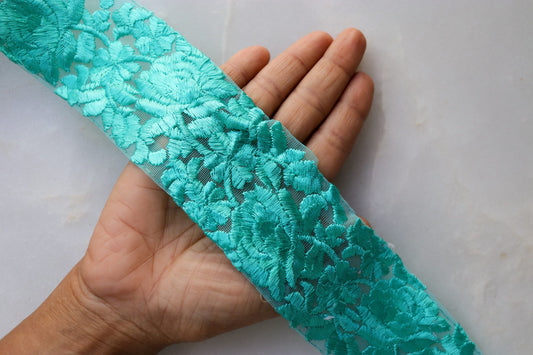 Green Floral Self Embroidered Trim,Indian Fabric Net Embroidered Border,Green Floral Lace,Green Net Saree Border,Price/mtr