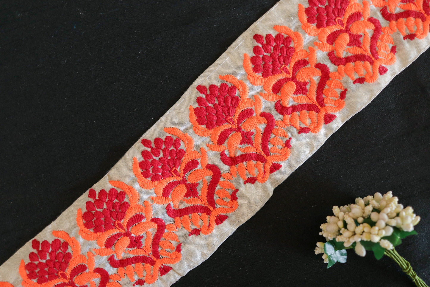 Orange White Floral Embroidered Trim,Indian Fabric Border,Floral Lace,Parsi Embroidery Border,White Saree Border,Price/mtr