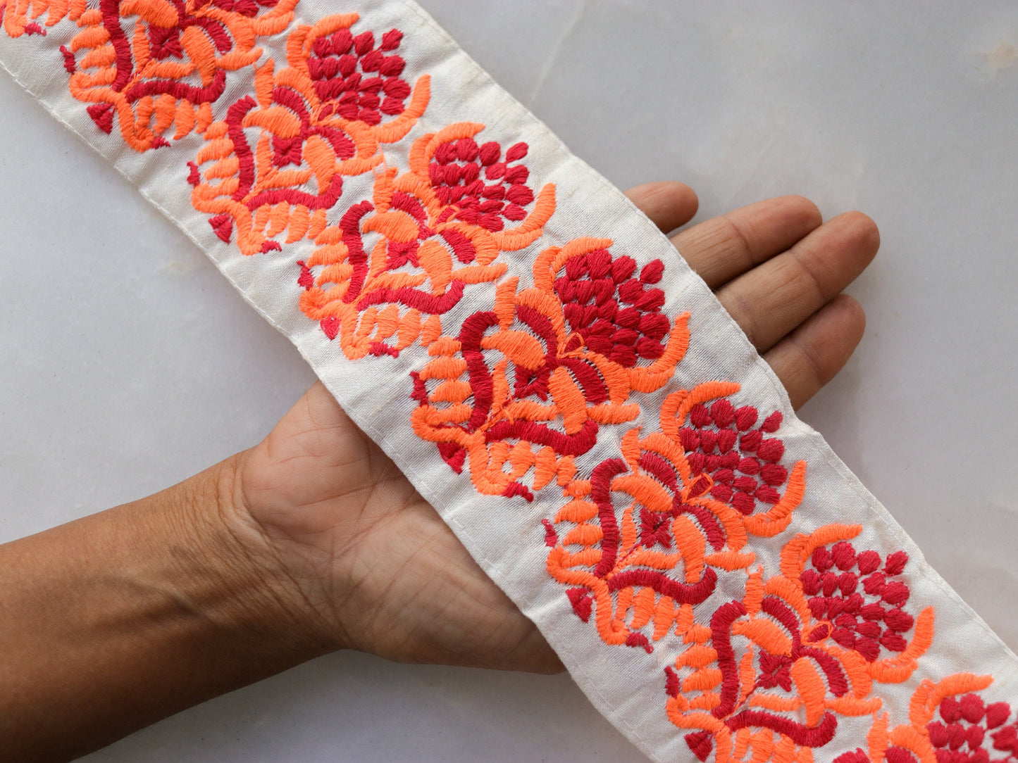 Orange White Floral Embroidered Trim,Indian Fabric Border,Floral Lace,Parsi Embroidery Border,White Saree Border,Price/mtr
