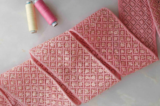 Pink Floral Self Embroidered Trim,Indian Fabric Net Sequins Border,Lucknowi Chikankari Lace,Pink Saree Border,Price/mtr