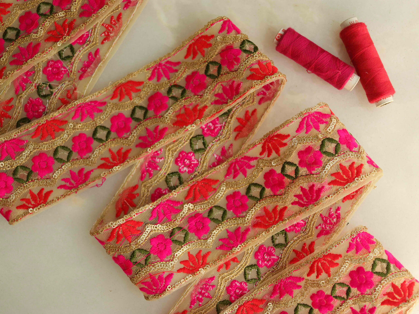 Orange Pink Floral Embroidered Trim,Orange Floral Net Border,Floral Embroidery Lace,Indian Trim,Floral Saree Border,Price/mtr