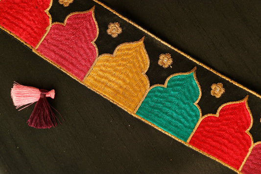 Colourful Black Palace Embroidered Trim,Black Multicolour Border,Boho Trim,Royal Indian Designer Lace,Black Saree Border,Price/mtr