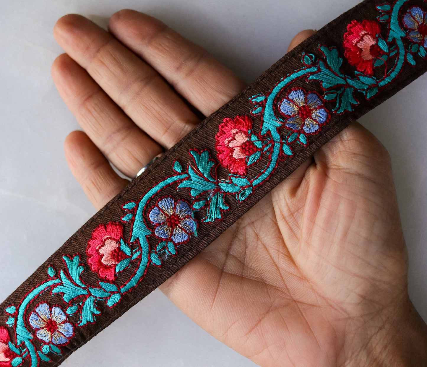 Brown Red Floral Embroidered Trim,Indian Fabric Border,Brown Teal Floral Lace,Parsi Embroidery Trim,Floral Saree Border,Price/mtr