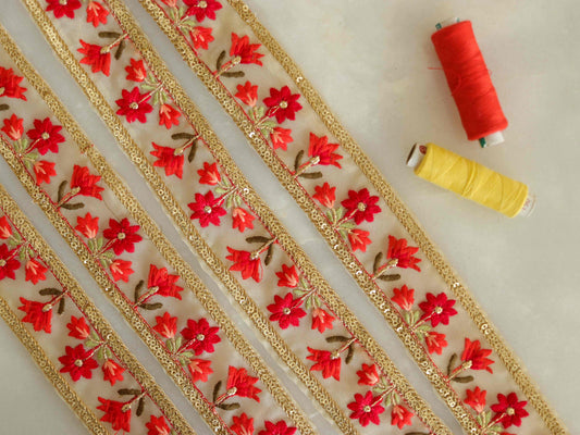 Orange Red Floral Embroidered Trim,Red Beige Floral Net Border,Floral Embroidery Lace,Indian Trim,Floral Saree Border,Price/mtr
