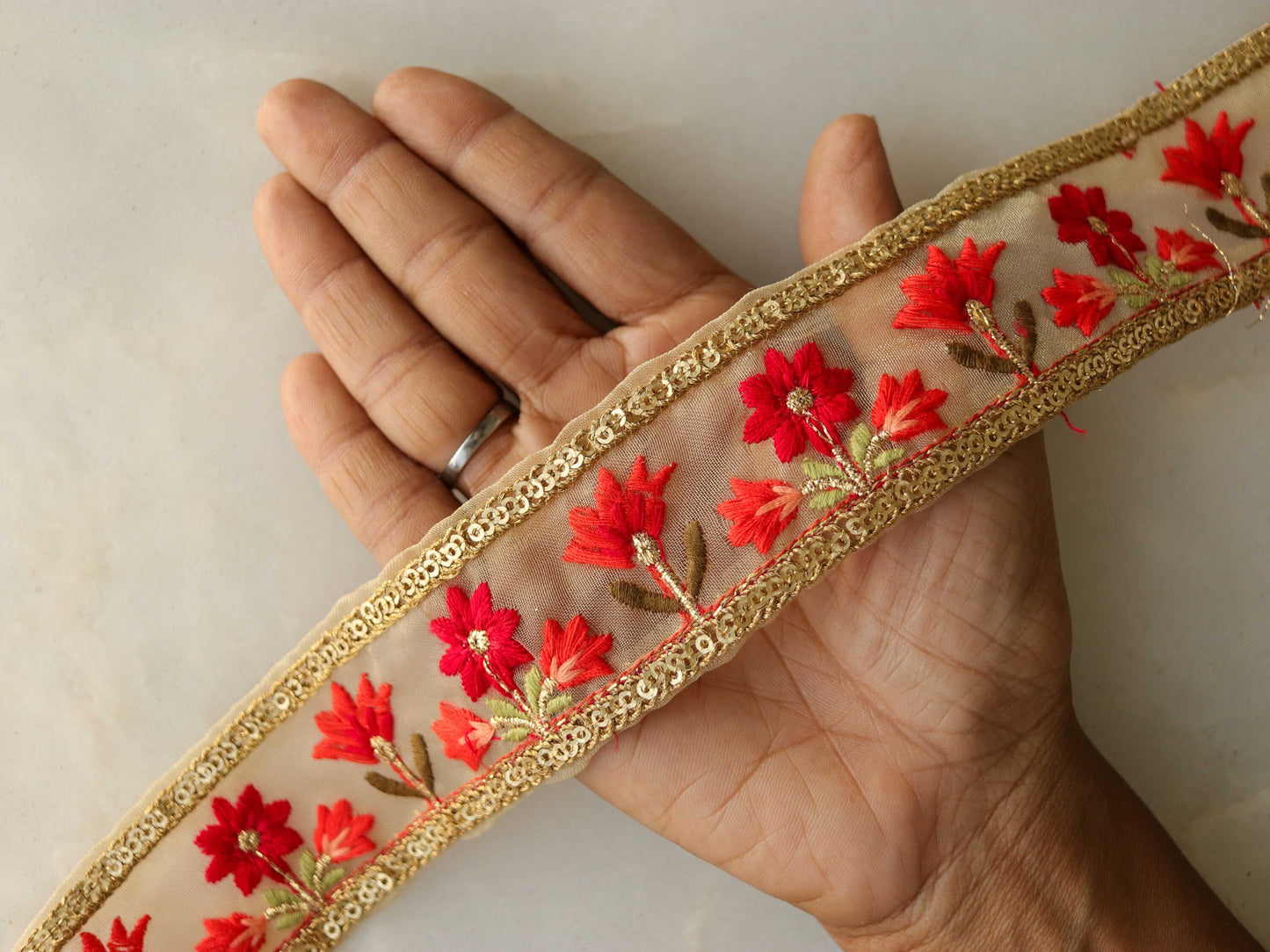 Orange Red Floral Embroidered Trim,Red Beige Floral Net Border,Floral Embroidery Lace,Indian Trim,Floral Saree Border,Price/mtr