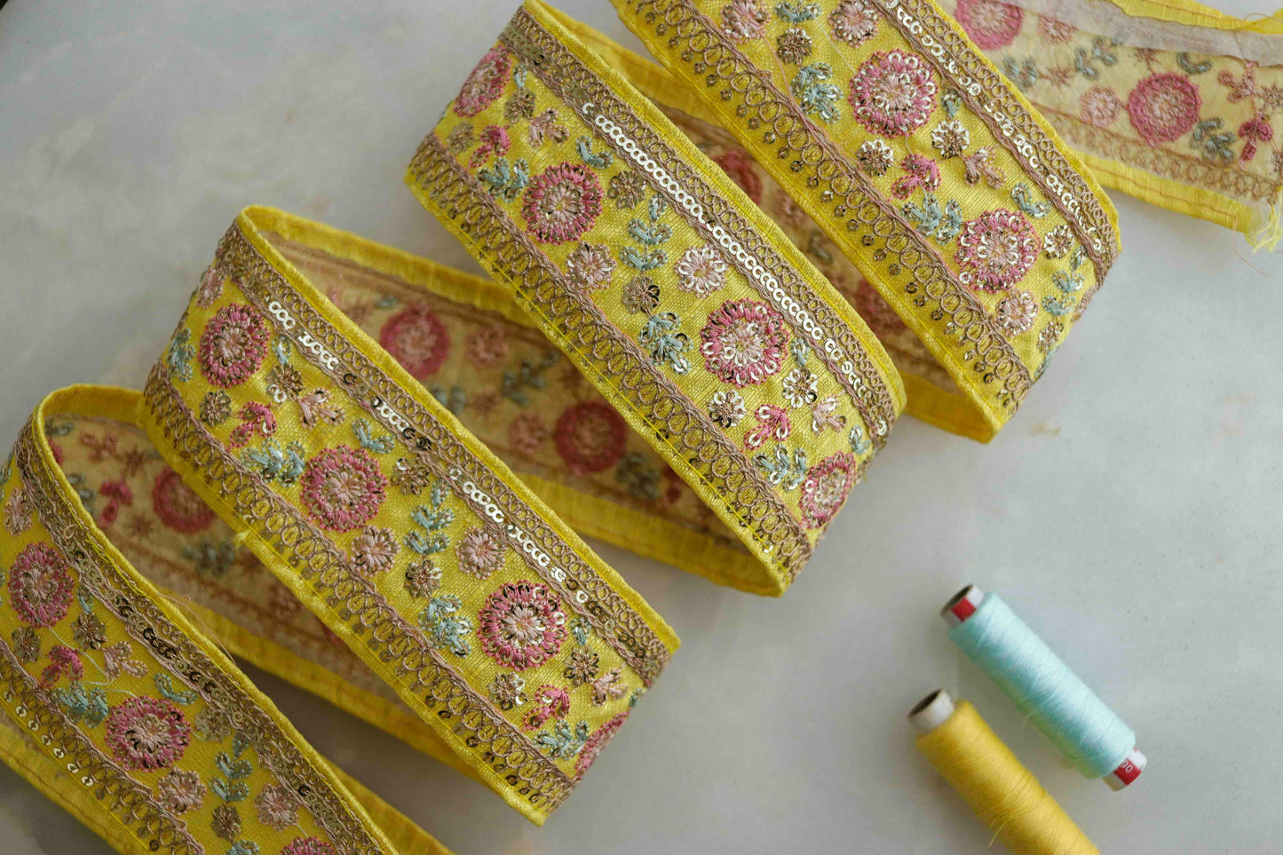 Yellow Pink Floral Embroidered Trim,Yellow Floral Lace,Indian Fabric Trim,Pantone 2021 Illuminating Yellow Saree Border,Price/mtr