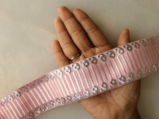 Pink Silver Paisley Brocade Trim, Indian Brocade Border, Pink Striped Paisley Lace, Banarasi Pink Saree Border, Price/mtr