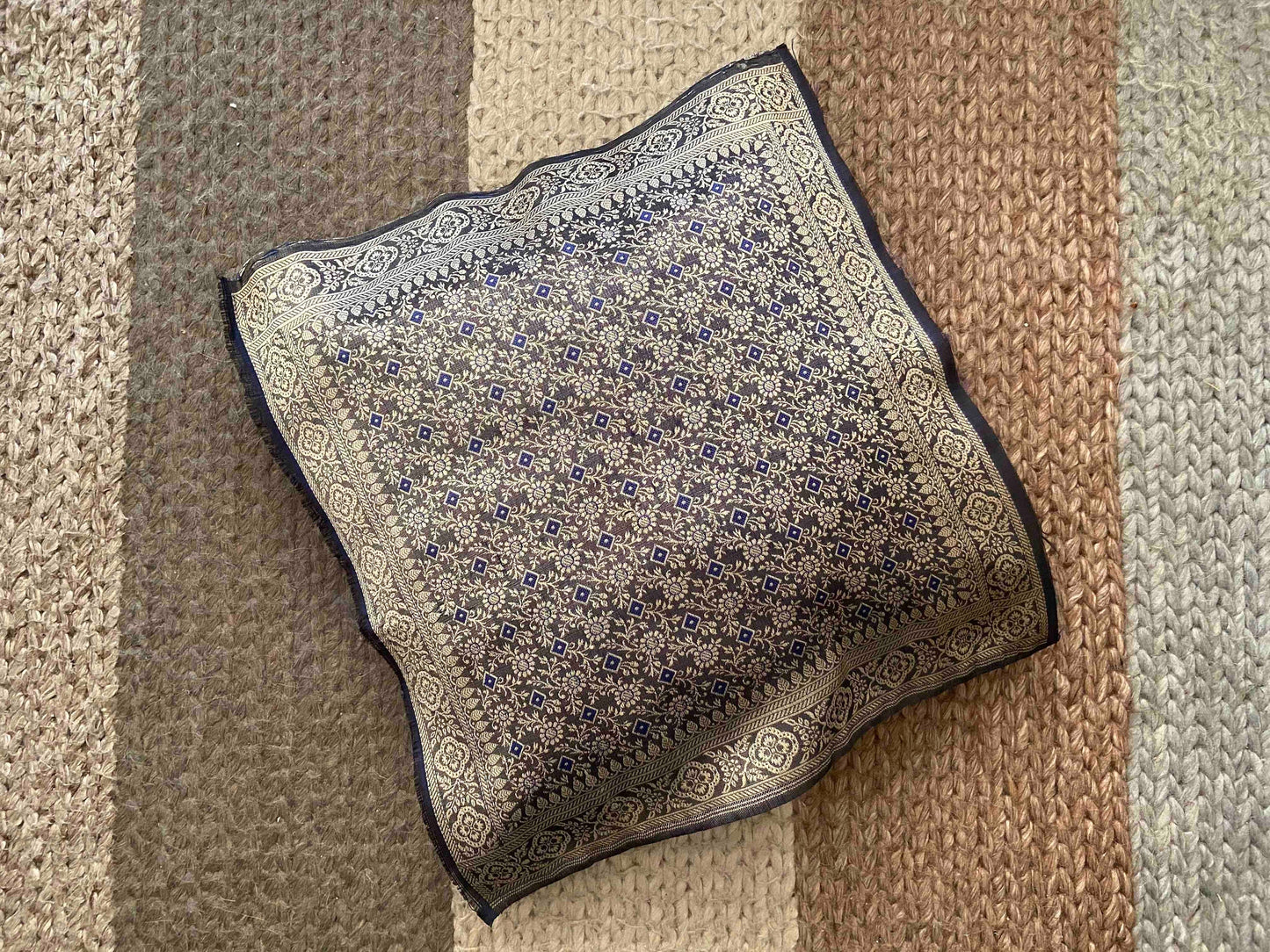 Brown Gold Brocade Silk Fabric,Banarasi Square Patch,Indian Brocade Fabric,Brown Blue Silk,Cushion Cover,Home Decor