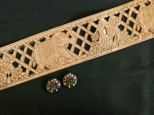 Gold Foil Elephant Cutwork Trim,Rose Gold Elephant Floral Border,Boho Animal Lace,Royal Indian Designer Trim,Elephant Saree Border,Price/mtr