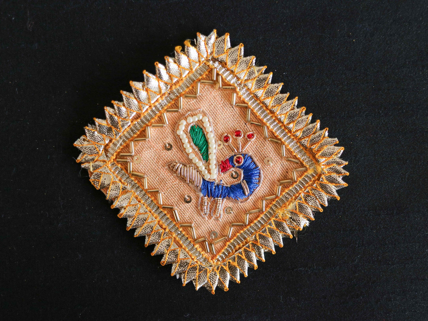 Peach Gold Peacock Embroidered Patch,Indian Handmade Peacock Gota Applique,Gold Foil Indian Bird patch,DIY Patch