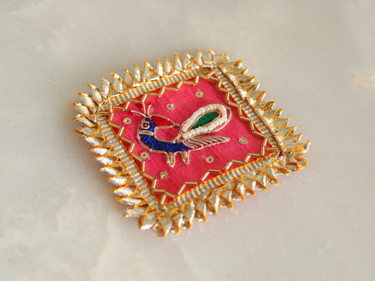 Pink Gold Peacock Embroidered Patch,Indian Handmade Peacock Gota Applique,Gold Foil Indian Bird patch,DIY Patch