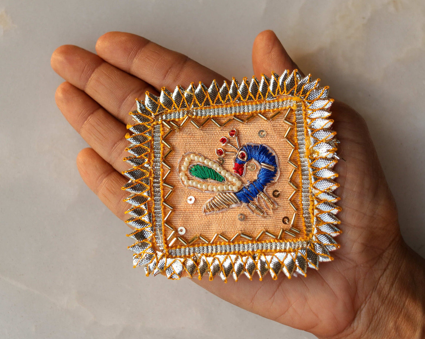 Peach Gold Peacock Embroidered Patch,Indian Handmade Peacock Gota Applique,Gold Foil Indian Bird patch,DIY Patch