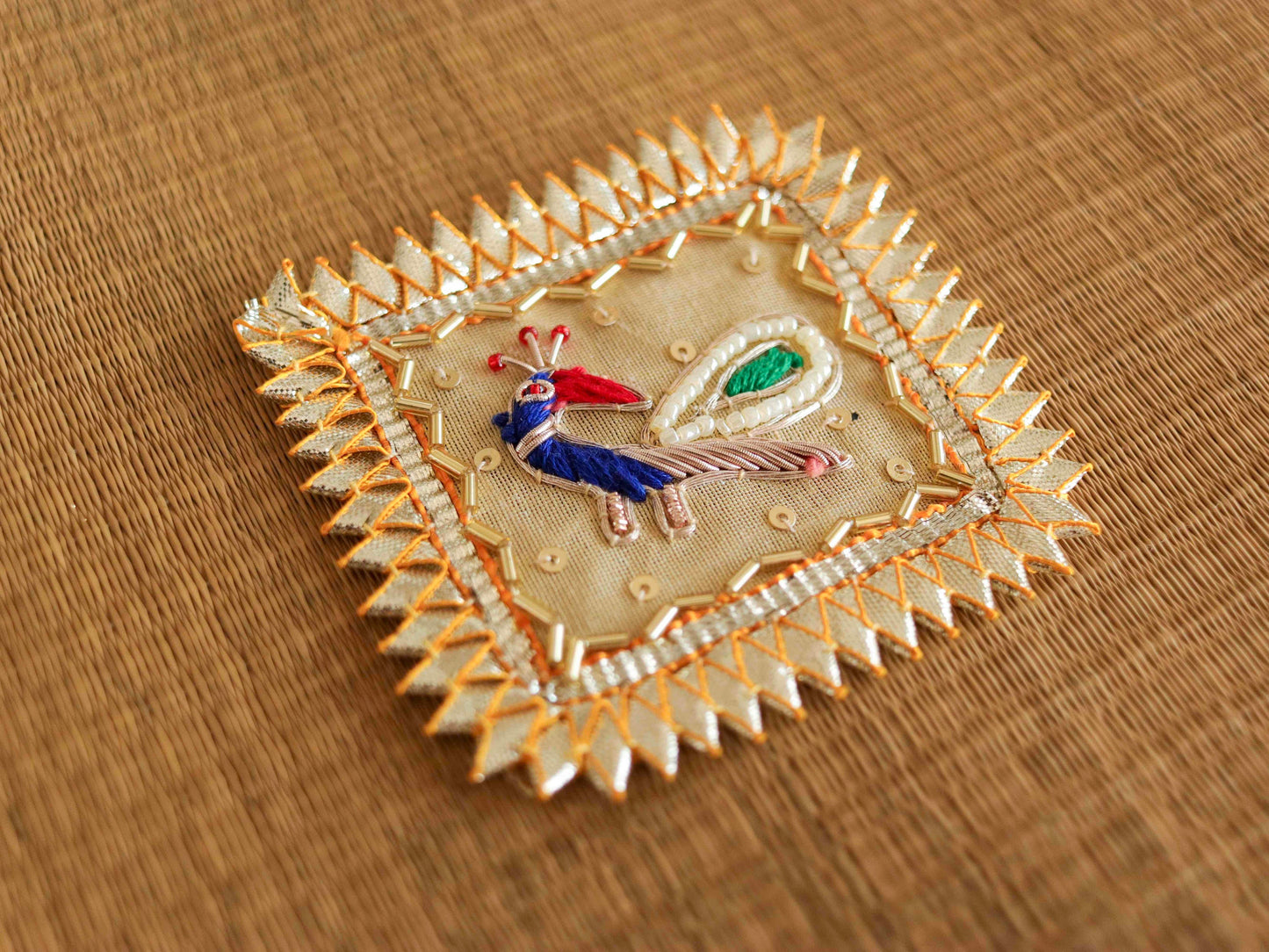 Yellow Gold Peacock Embroidered Patch,Indian Handmade Peacock Gota Applique,Gold Foil Indian Bird patch,DIY Patch