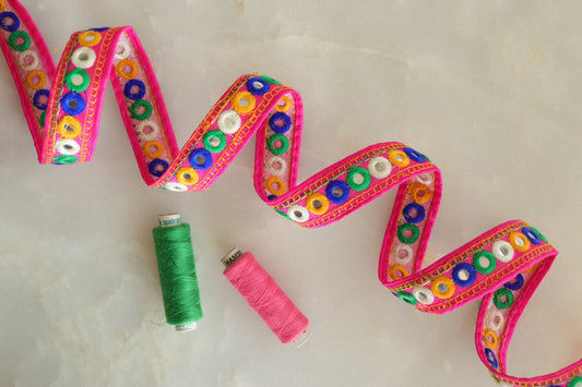 Pink Mirror Embroidered Kutchi Trim,Indian Embroidered Border,Pink Faux Mirror Lace,Tribal Boho Hippie Saree Border,Price/mtr