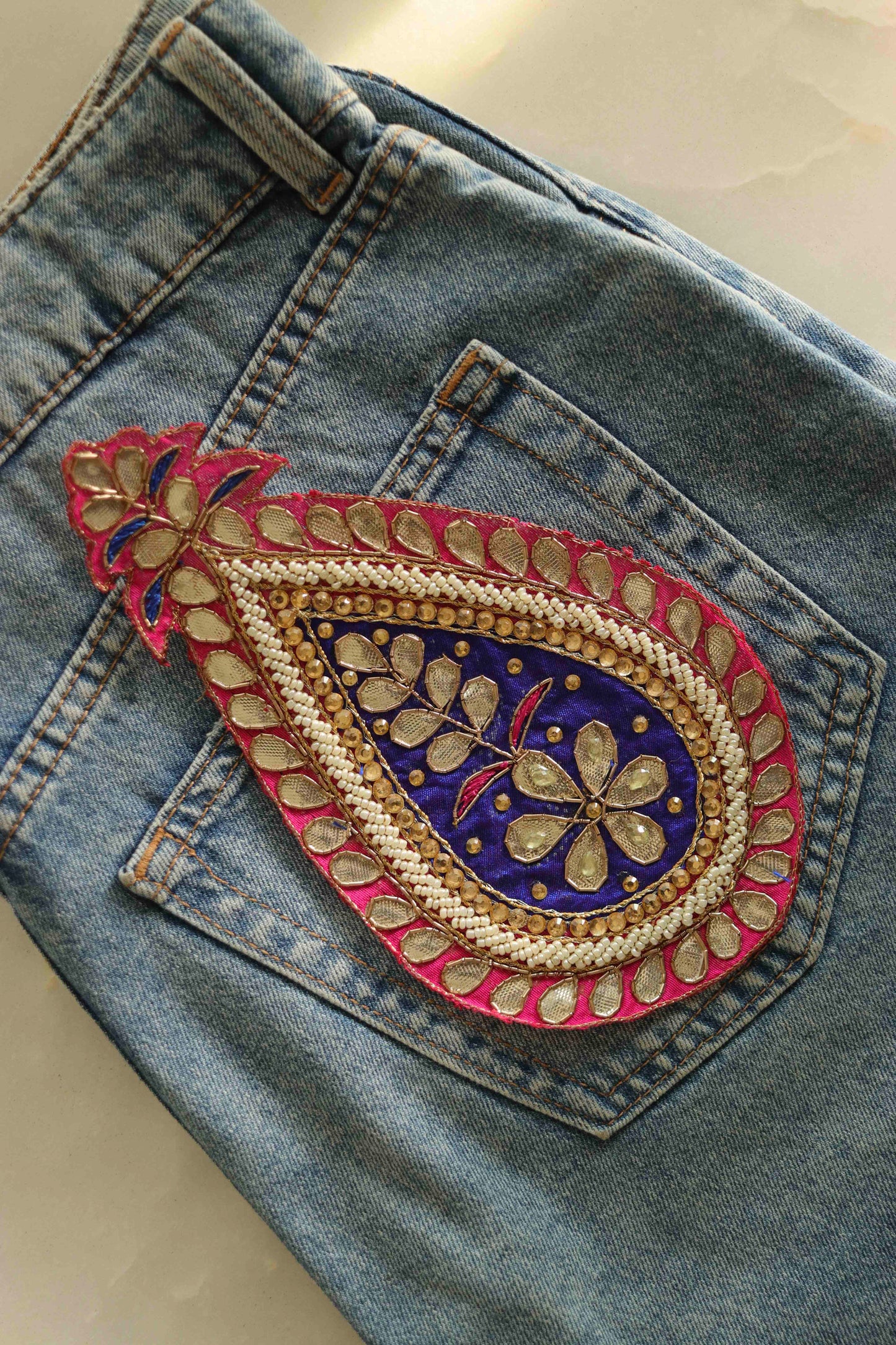 Pink Blue Teardrop Embroidered Patch,Indian Handmade Teardrop Gota Applique,Large Pink Floral Teardrop patch,DIY Patch