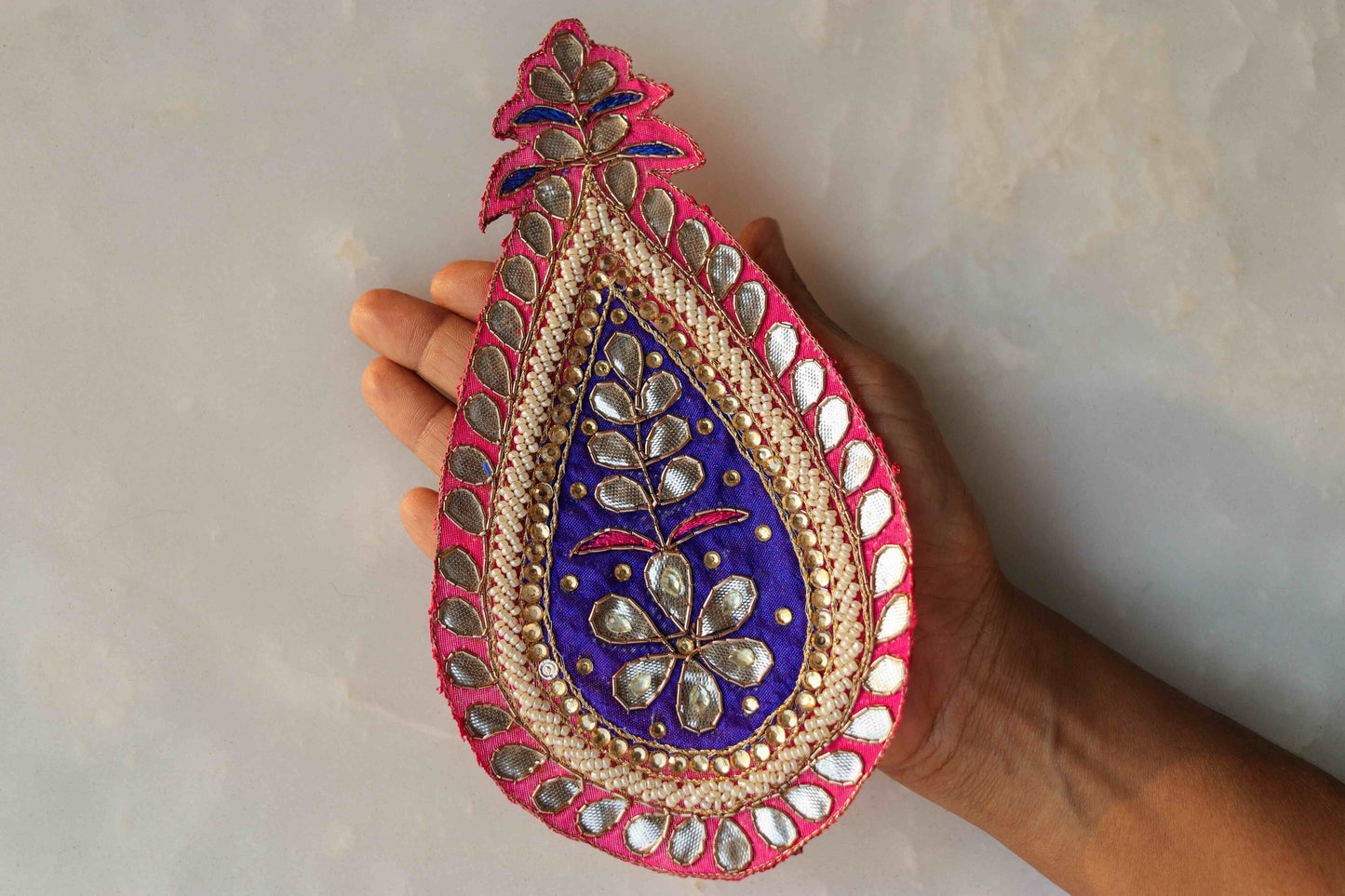 Pink Blue Teardrop Embroidered Patch,Indian Handmade Teardrop Gota Applique,Large Pink Floral Teardrop patch,DIY Patch