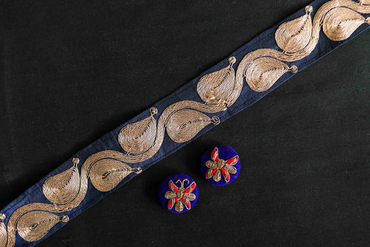 Deep Blue Gold Paisley Trim,Blue Gold Embroidered Border,Blue Bridal Lace,Indian Fabric Blue Saree Border,Price/mtr