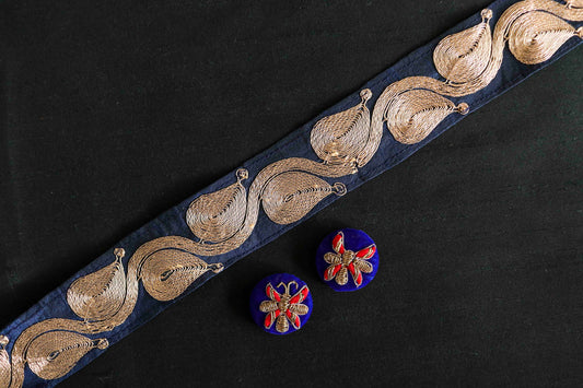 Deep Blue Gold Paisley Trim,Blue Gold Embroidered Border,Blue Bridal Lace,Indian Fabric Blue Saree Border,Price/mtr