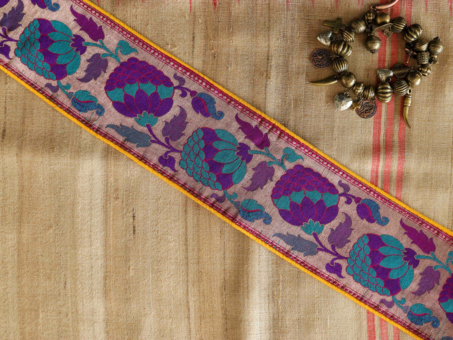 Purple Gold Floral Banarasi Trim,Brocade Border,Indian Brocade Lace,Banarasi Saree Border,Purple Bridal Trim,Price/mtr