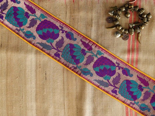 Purple Gold Floral Banarasi Trim,Brocade Border,Indian Brocade Lace,Banarasi Saree Border,Purple Bridal Trim,Price/mtr