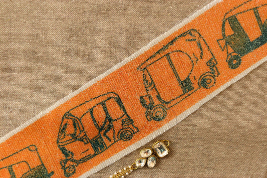 Orange Tuktuk Print Sequin Trim,Quirky Auto Border,Neon Sequin Embroidered Lace,Boho Vehicle Trim,Indian Designer Saree Border,Price/mtr