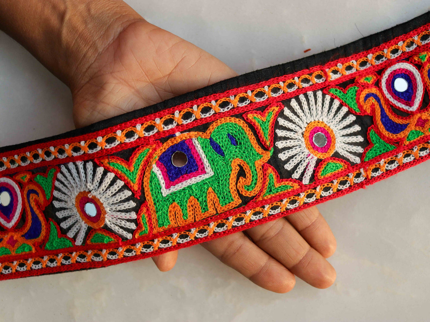 Multicolour Elephant Embroidered Kutchi Trim,Indian Animal Border,Black Colourful Mirror Lace,Tribal Boho Hippie Saree Border,Price/mtr