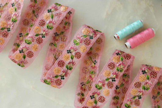 Pink Gold Floral Embroidered Trim,Pink Tissue Floral Lace,Indian Fabric Trim,Pink Green Floral Organza Saree Border,Price/mtr