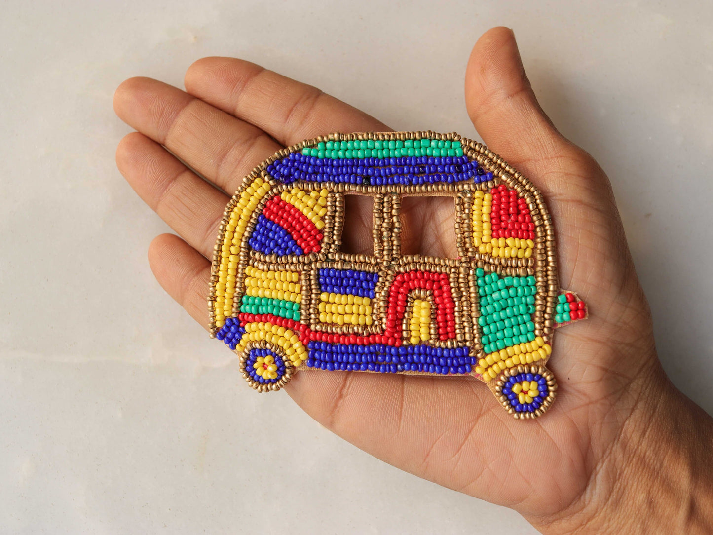 Quirky Multicolour Tuktuk beaded patch,Handmade Auto applique,Boho embroidered vehicle patch,Sew on DIY Patch