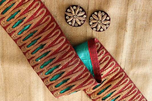 Red Gold Paisley Cutwork Trim,Handmade Red Cutwork Indian Border,Pitta Embroidery Lace,Red Bridal Saree Border,Vintage Trim, 50 cm