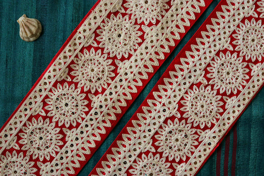 Red White Floral Embroidered Trim,Indian Kashmiri Embroidered Border,Broad Red Floral Lace,Broad Saree Border,Price/mtr