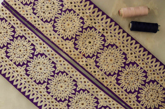 Purple White Floral Embroidered Trim, Indian Kashmiri Embroidered Border, Broad Purple Floral Lace, Broad Saree Border