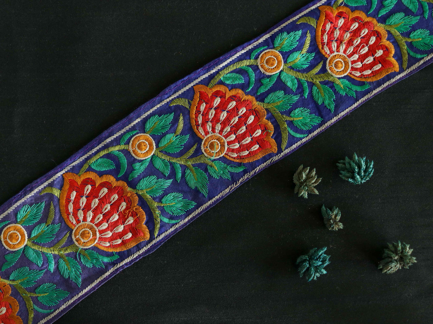 Blue Red Floral Embroidered Trim,Blue Floral Border,Blue Floral Lace,Indian Fabric Trim,Floral Saree Border,Price/mtr