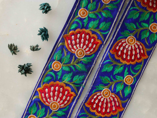 Blue Red Floral Embroidered Trim,Blue Floral Border,Blue Floral Lace,Indian Fabric Trim,Floral Saree Border,Price/mtr