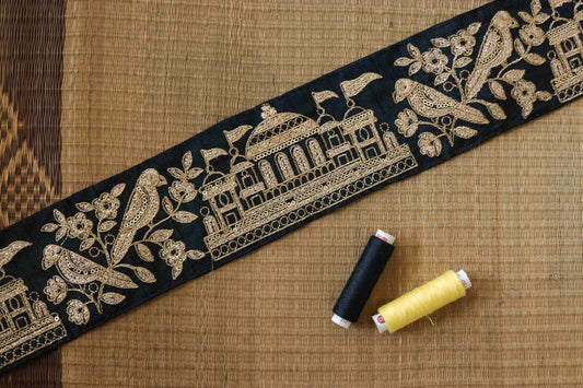 Black Parrot Palace Embroidered Trim,Black Gold Bird Lace,Bird Saree Border,Black Quirky Boho Trim,Indian Fabric Trim,Price/mtr