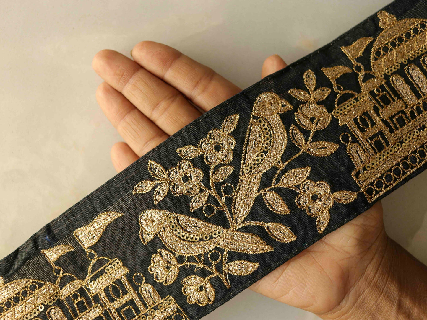 Black Parrot Palace Embroidered Trim,Black Gold Bird Lace,Bird Saree Border,Black Quirky Boho Trim,Indian Fabric Trim,Price/mtr