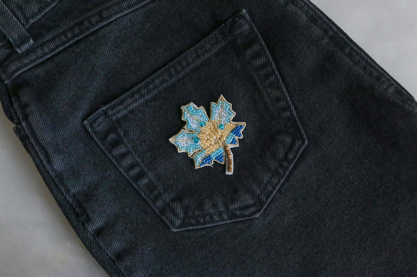 Blue Maple Leaf Beaded Patch,Handmade embroidered maple leaf applique,Quirky Fun Leaf patch,Canada flag shape Applique,DIY Patch