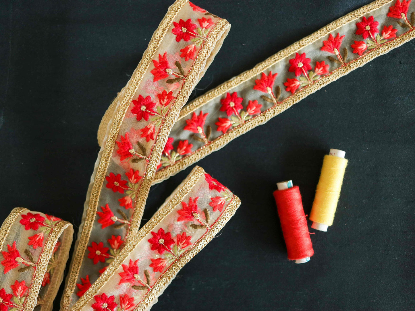 Orange Red Floral Embroidered Trim,Red Beige Floral Net Border,Floral Embroidery Lace,Indian Trim,Floral Saree Border,Price/mtr