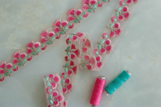Pink Sequin Floral Embroidered Trim,Pink Floral Net Border,Floral Sequin Lace,Indian Trim,Pink Floral Saree Border,Price/mtr