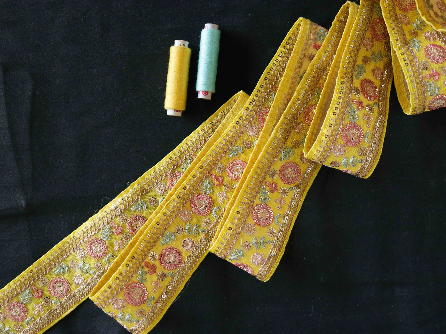 Yellow Pink Floral Embroidered Trim,Yellow Floral Lace,Indian Fabric Trim,Pantone 2021 Illuminating Yellow Saree Border,Price/mtr