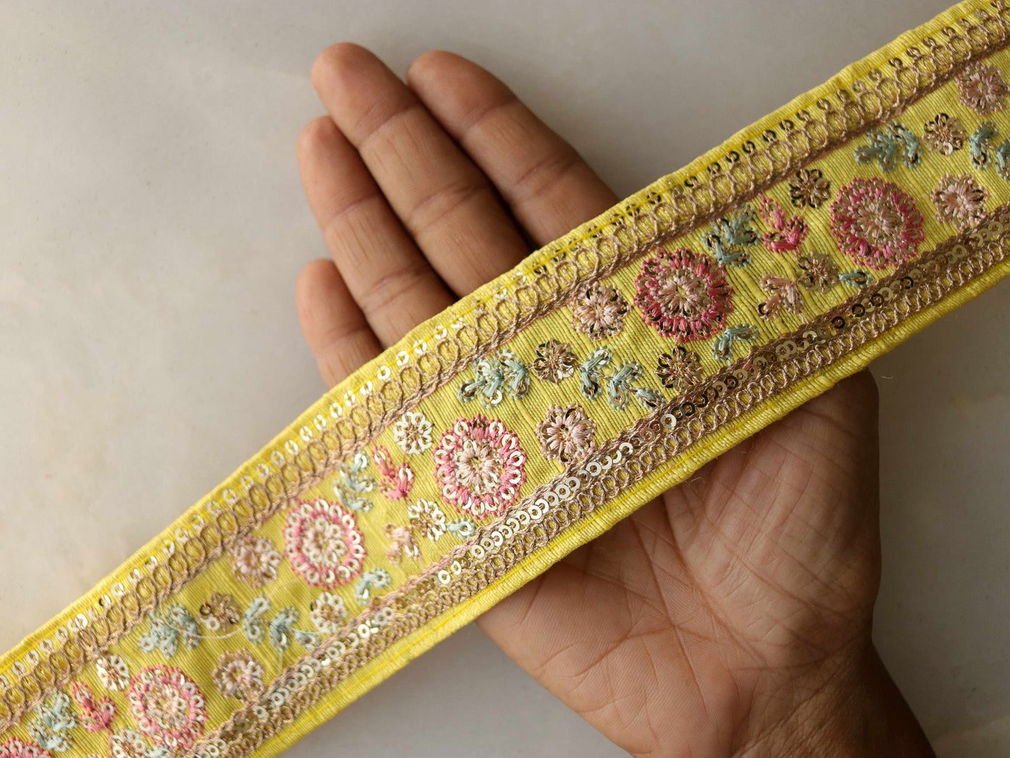 Yellow Pink Floral Embroidered Trim,Yellow Floral Lace,Indian Fabric Trim,Pantone 2021 Illuminating Yellow Saree Border,Price/mtr