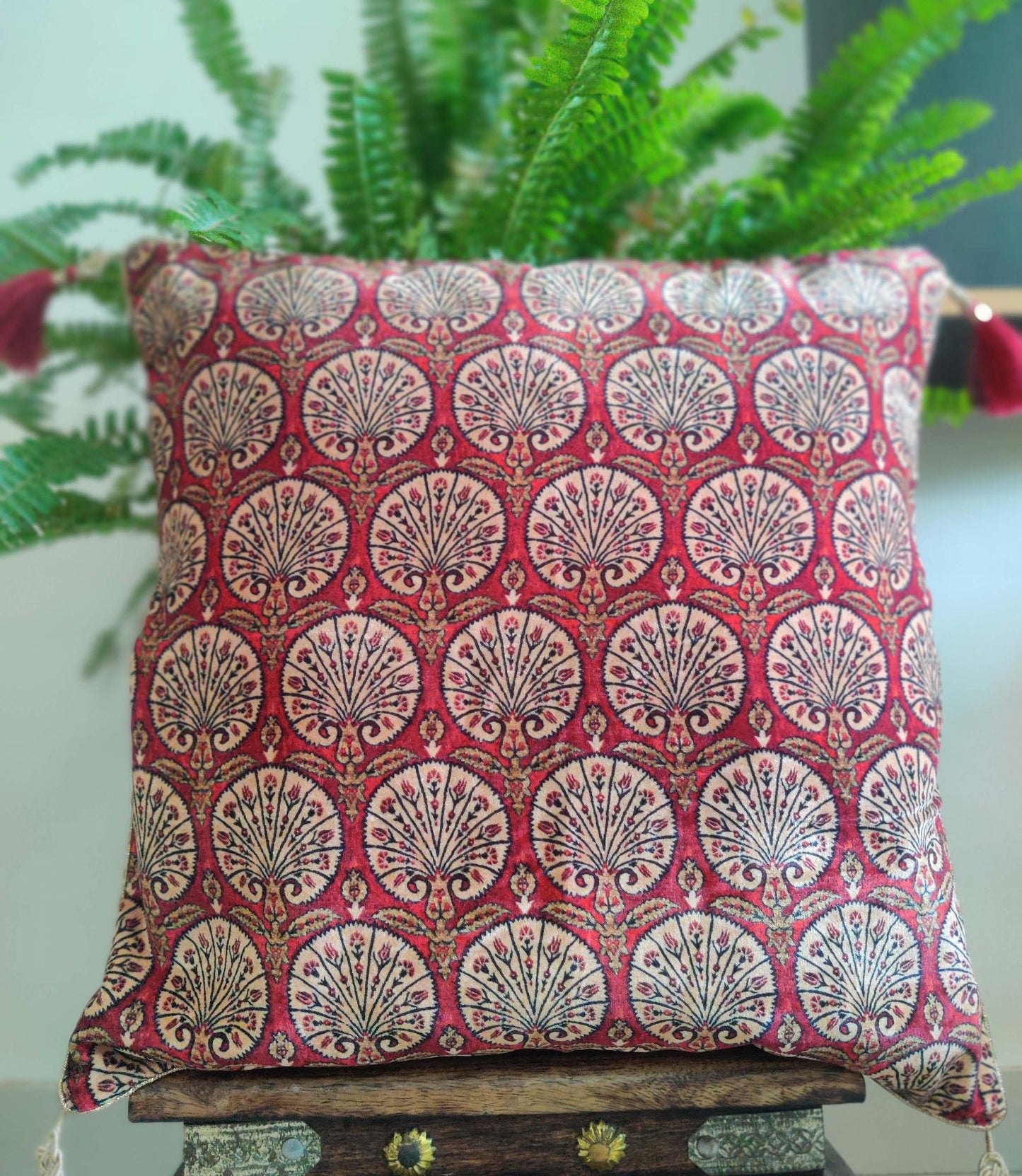 Nargis – Red Floral Velvet Cushion Cover,Printed Floral Velvet Sham,Rust Red Floral Print Cushion Cover,16”,18”,20”,Price/pc
