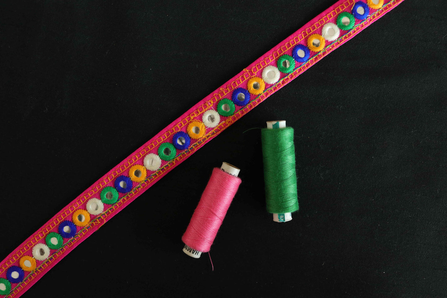 Pink Mirror Embroidered Kutchi Trim,Indian Embroidered Border,Pink Faux Mirror Lace,Tribal Boho Hippie Saree Border,Price/mtr