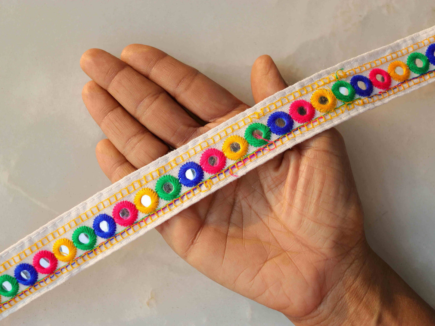 White Mirror Embroidered Kutchi Trim,Indian Embroidered Border,White Faux Mirror Lace,Tribal Boho Hippie Saree Border,Price/mtr