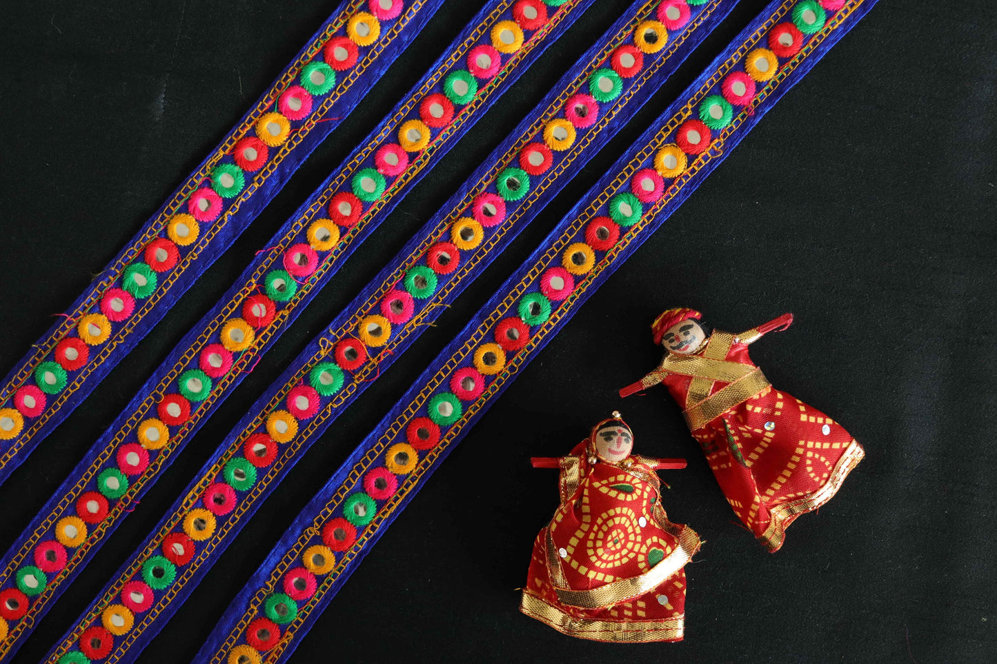 Blue Mirror Embroidered Kutchi Trim,Indian Embroidered Border,Blue Faux Mirror Lace,Tribal Boho Hippie Saree Border,Price/mtr