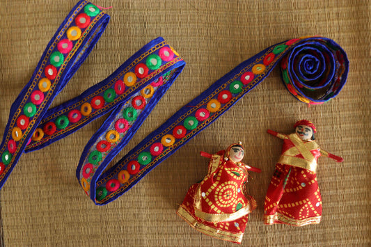 Blue Mirror Embroidered Kutchi Trim,Indian Embroidered Border,Blue Faux Mirror Lace,Tribal Boho Hippie Saree Border,Price/mtr