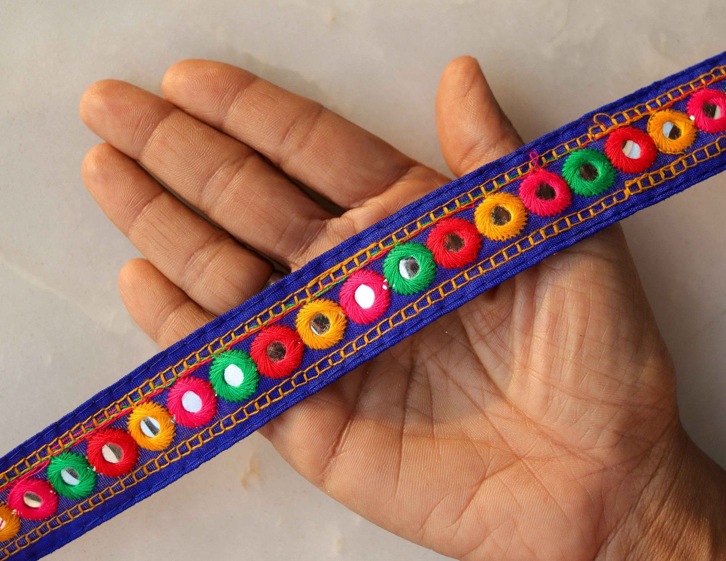 Blue Mirror Embroidered Kutchi Trim,Indian Embroidered Border,Blue Faux Mirror Lace,Tribal Boho Hippie Saree Border,Price/mtr