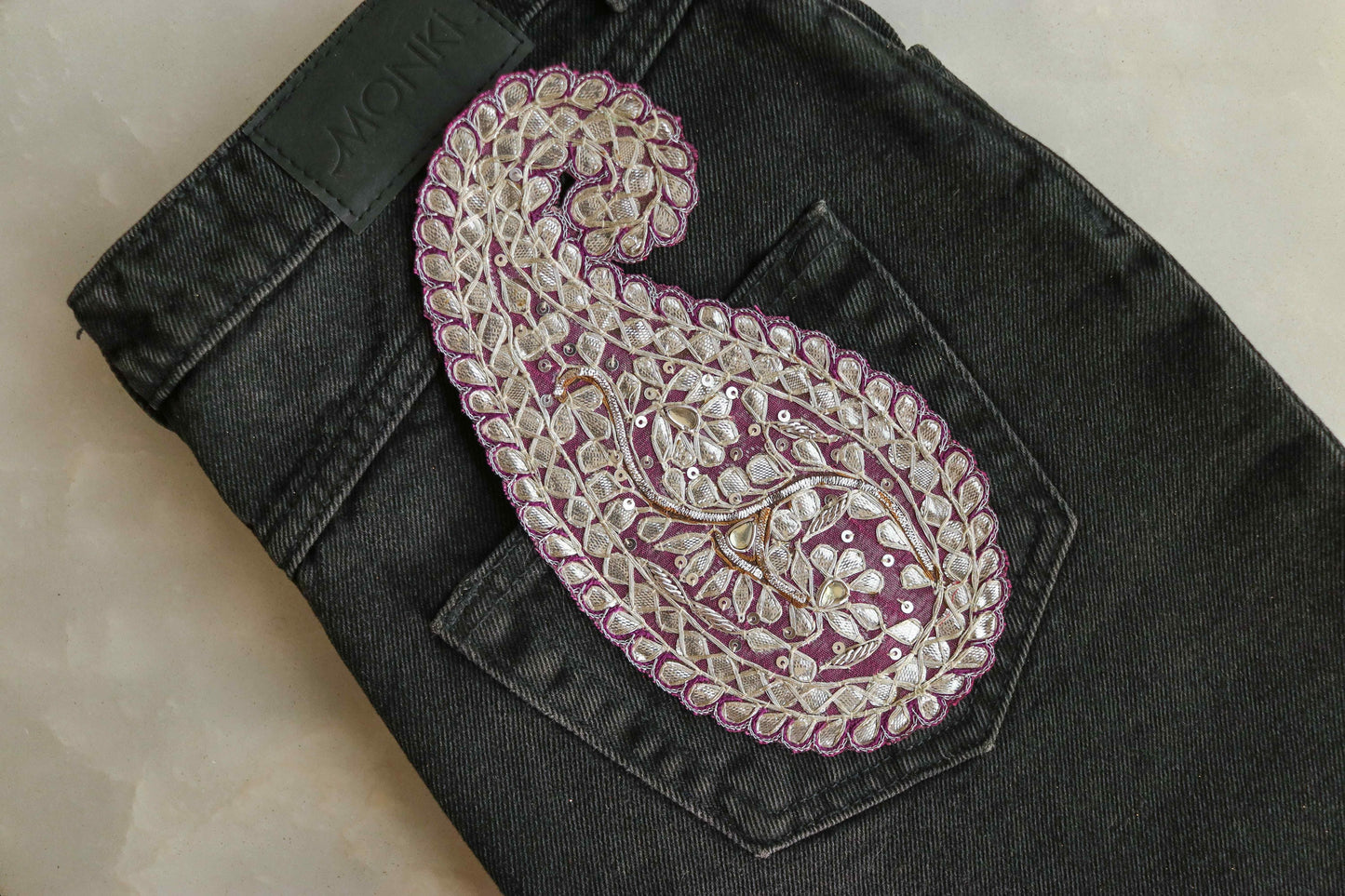 Pink Silver Paisley Embroidered Patch,Indian Handmade Paisley Gota Applique,Large Silver Foil Paisley patch,DIY Patch