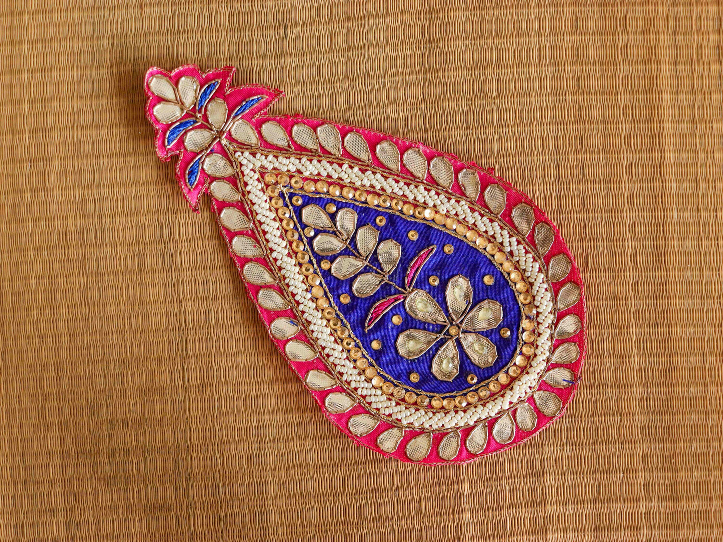 Pink Blue Teardrop Embroidered Patch,Indian Handmade Teardrop Gota Applique,Large Pink Floral Teardrop patch,DIY Patch