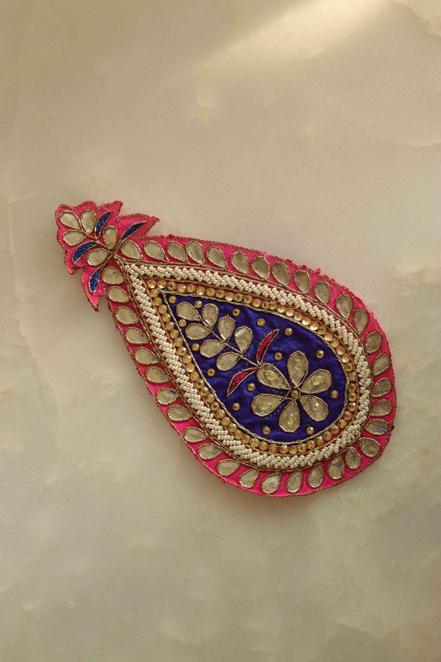 Pink Blue Teardrop Embroidered Patch,Indian Handmade Teardrop Gota Applique,Large Pink Floral Teardrop patch,DIY Patch